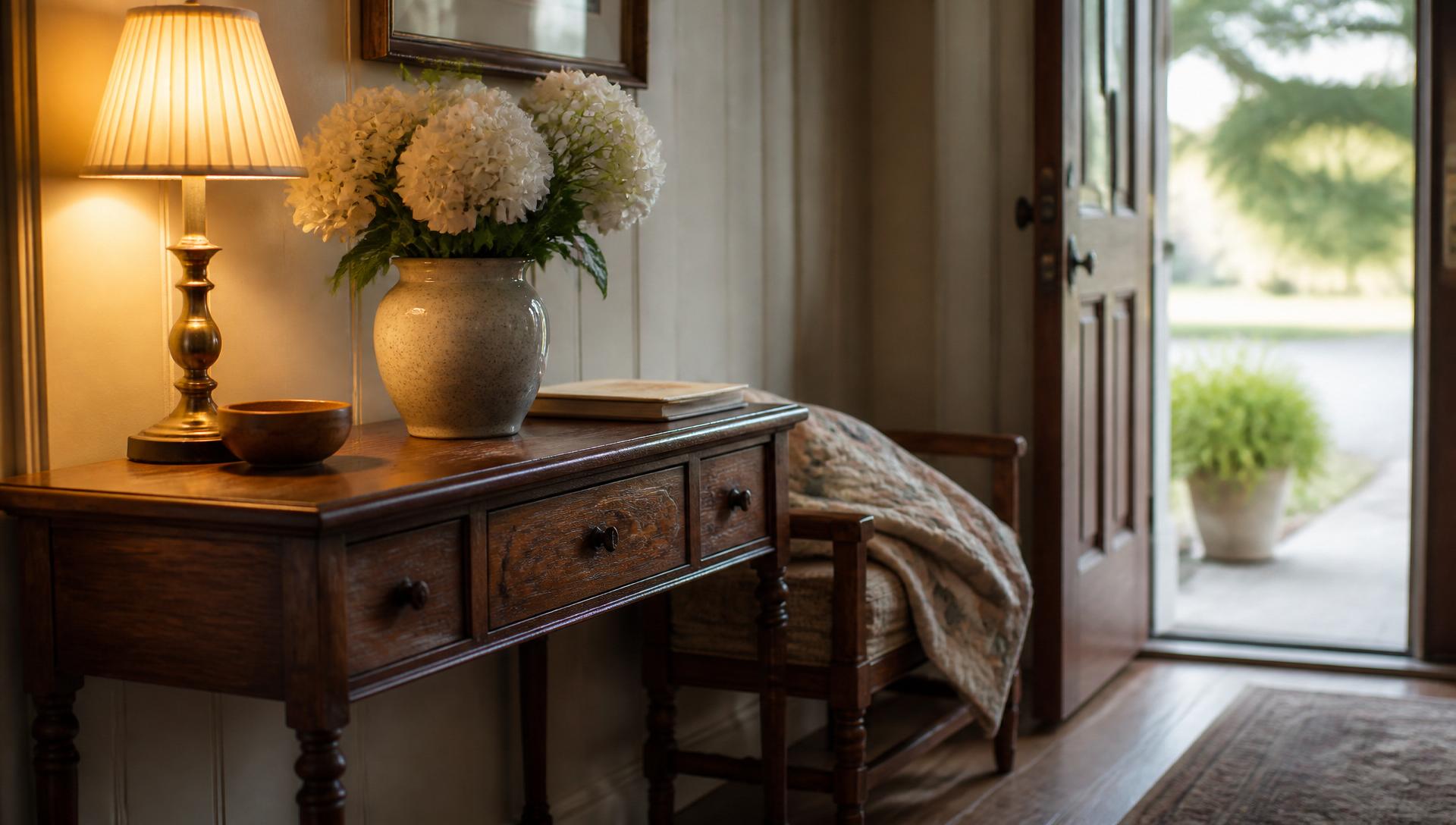 Warm entryway with fresh hydrangeas welcoming guests home
