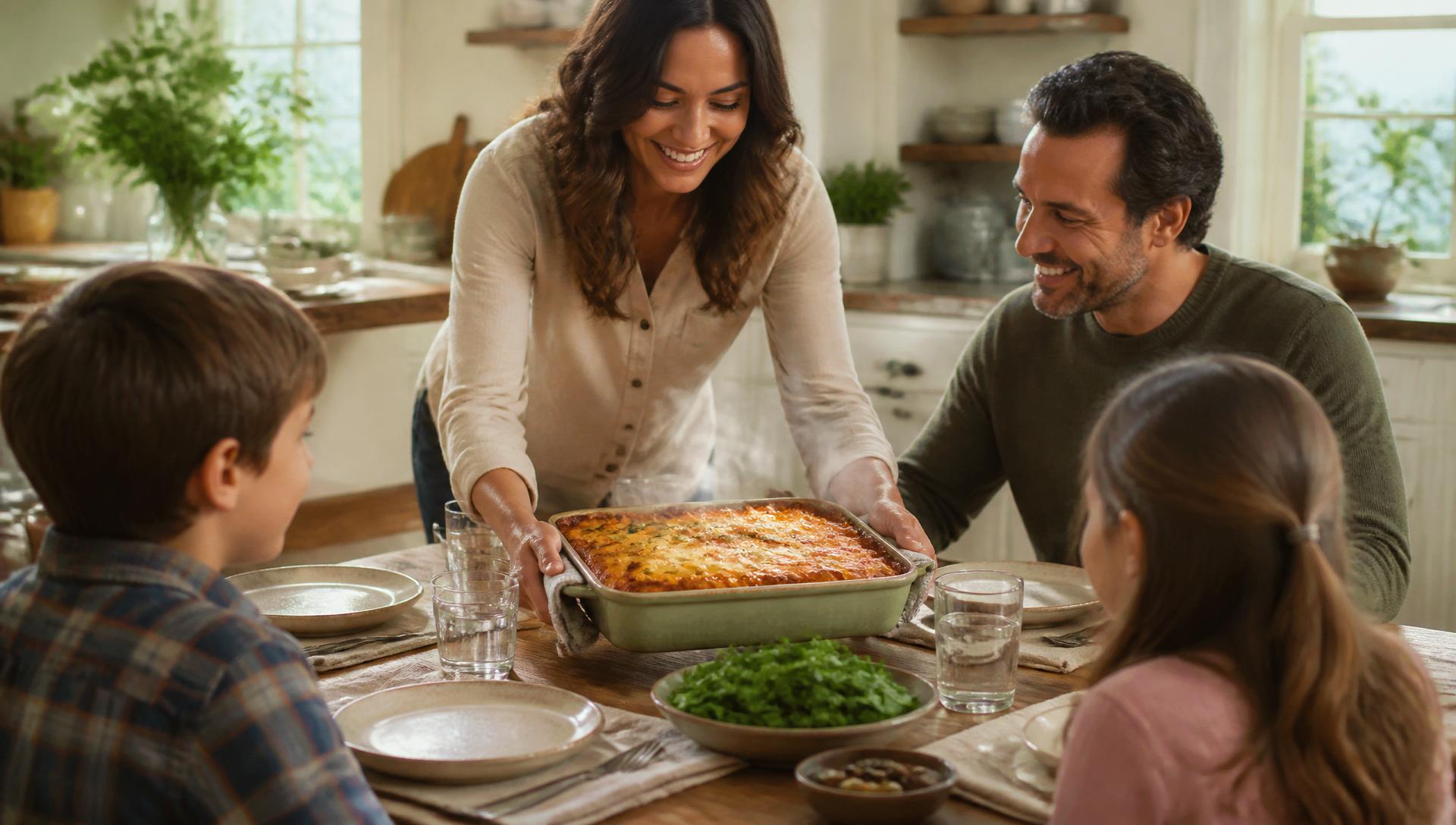 Warm family-style dinner being placed on a wooden table in a bright kitchen