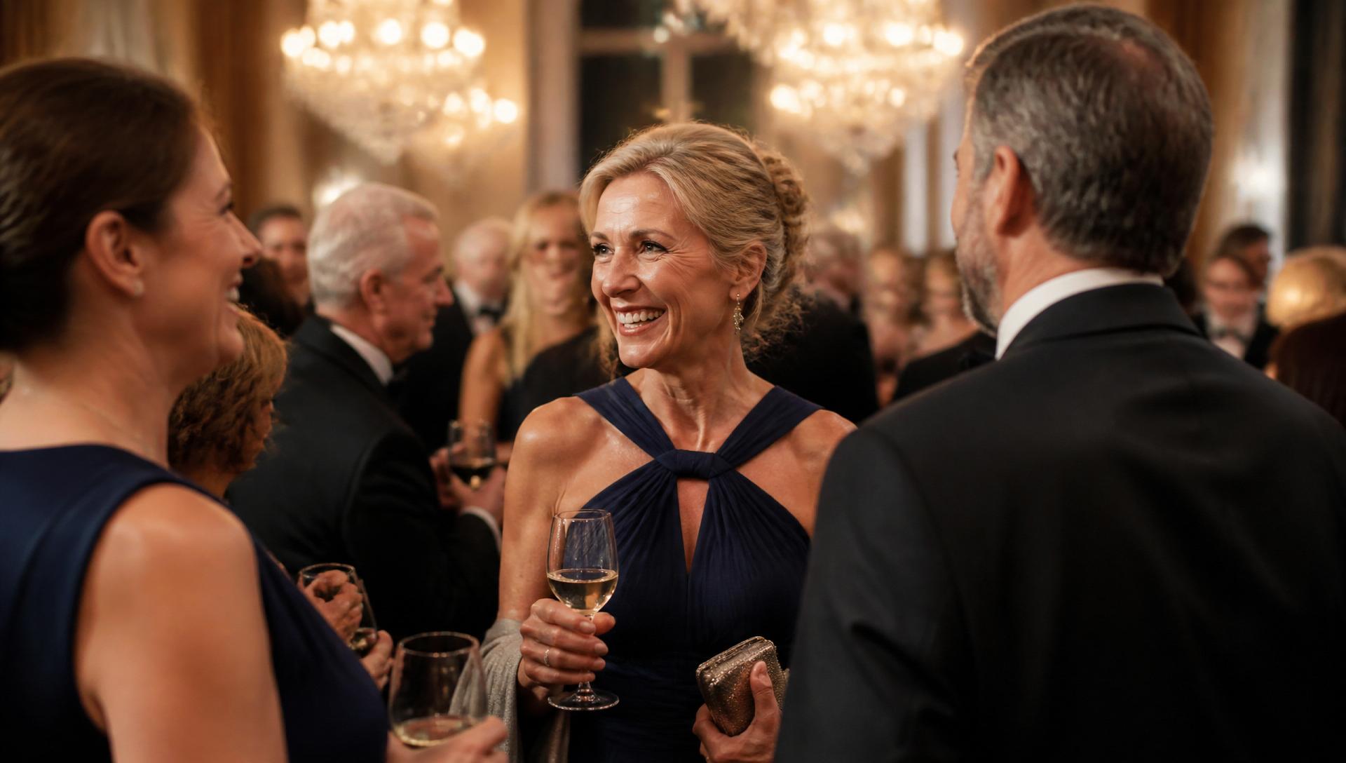 Guests in formal attire celebrating at a warmly lit gala ballroom