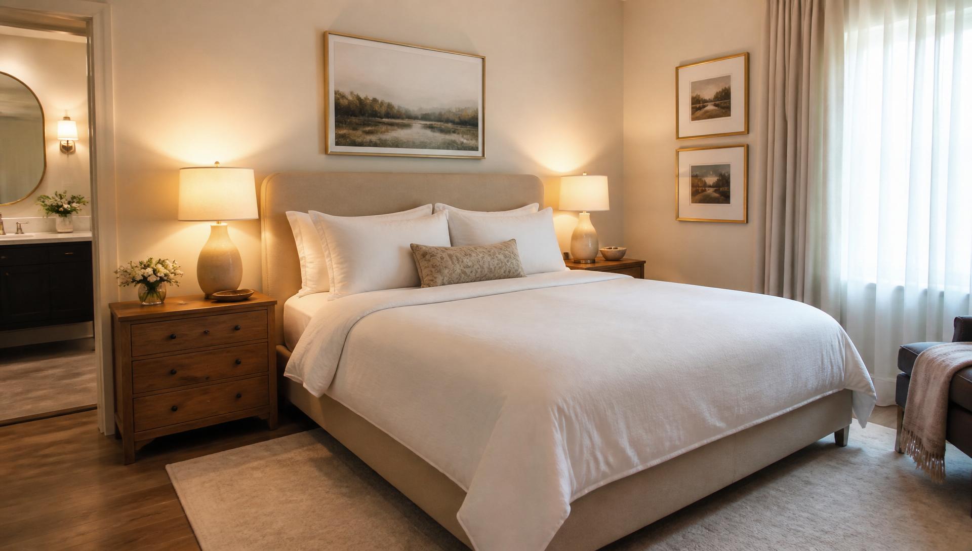 Peaceful guest suite with crisp white linens, warm lamps, and soft window light