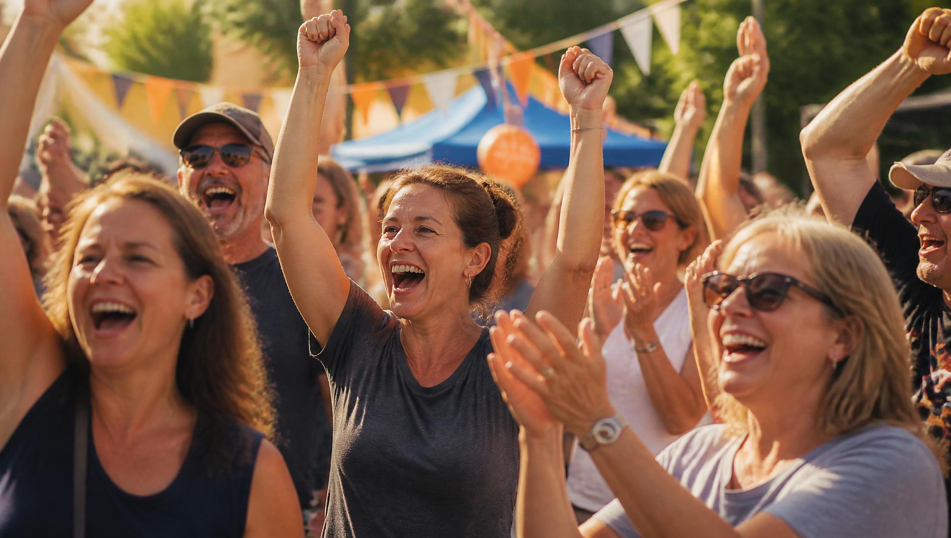 Booster club supporters cheering joyfully at an outdoor community fundraiser