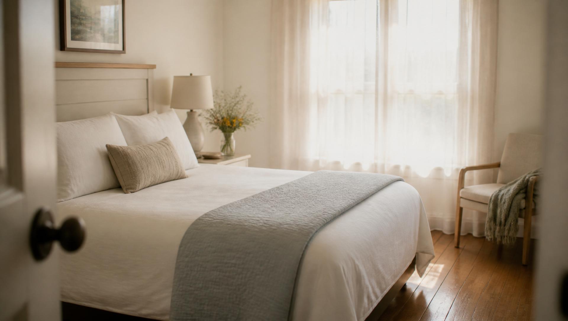 Peaceful guest bedroom bathed in soft morning light