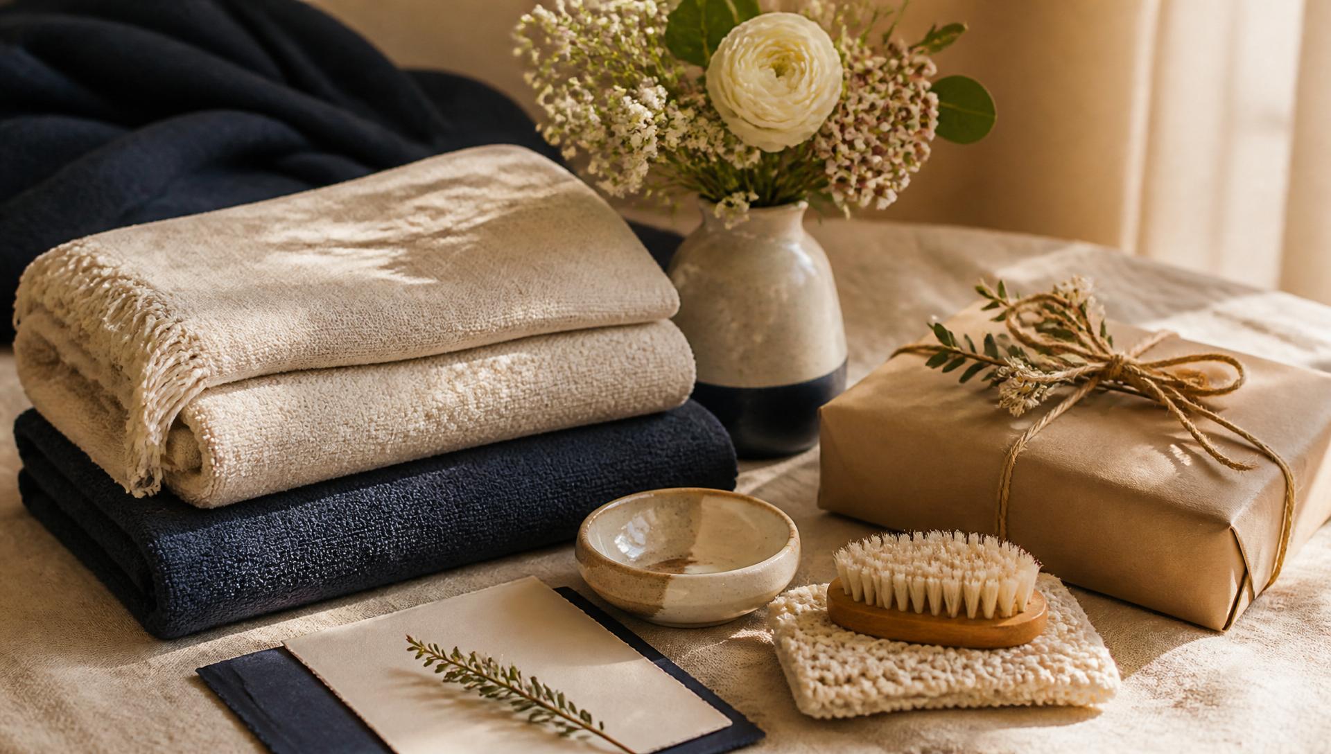 Folded linens, a wrapped gift, and fresh flowers — small comforts for the House