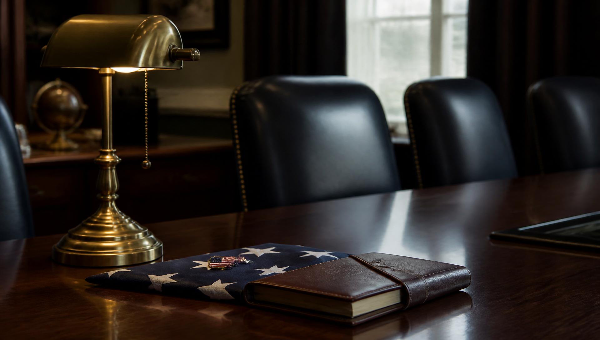 Warm boardroom detail with brass lamp, folded flag, and leather notebook