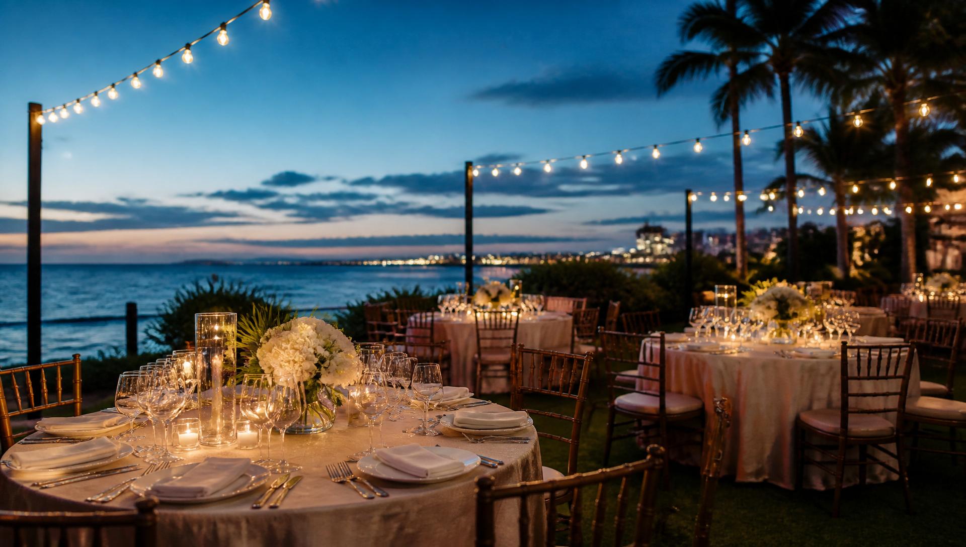Elegant outdoor gala setting with string lights at coastal dusk