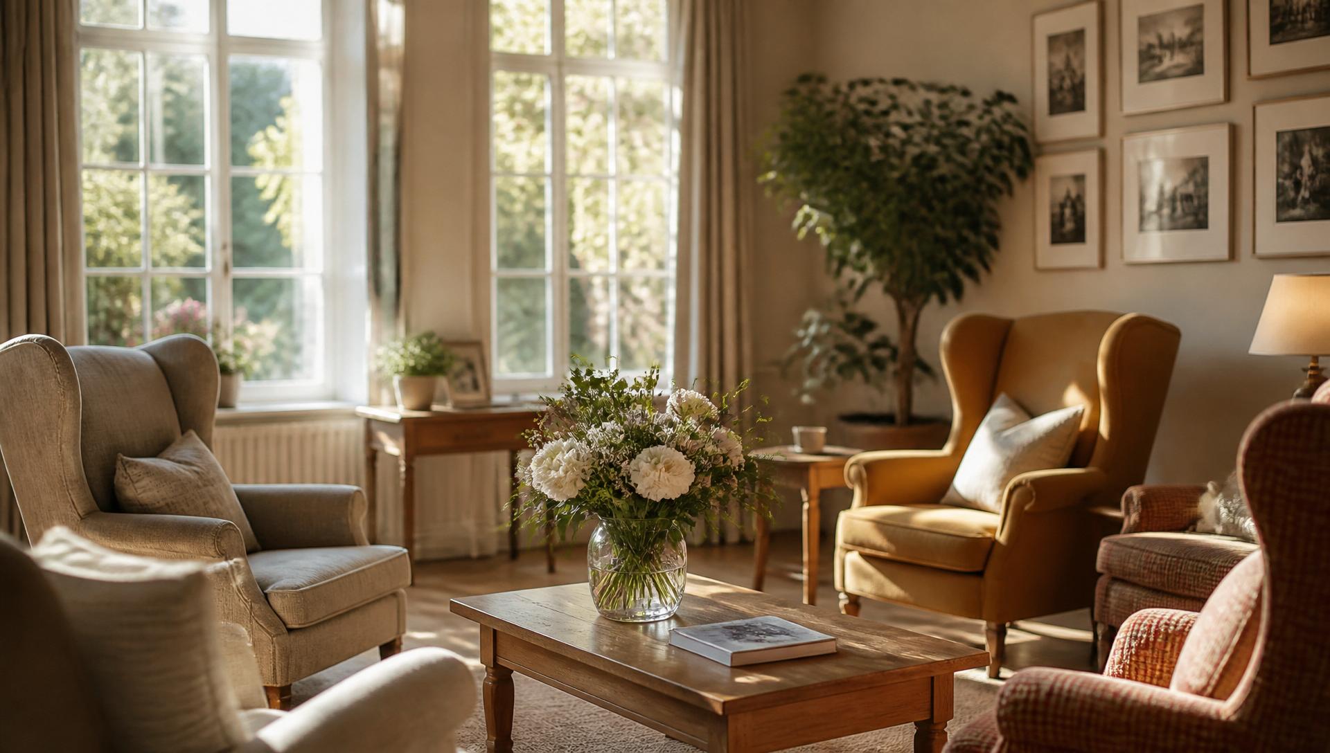 Warm common room with armchairs, fresh flowers, and window light