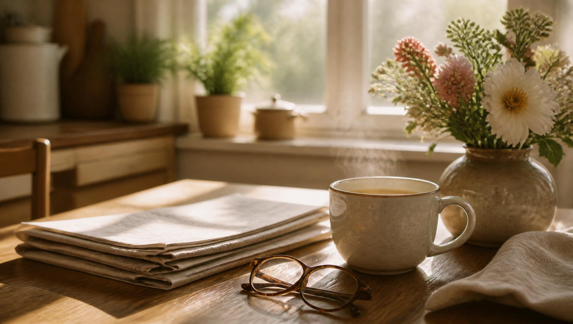 Folded newspaper, coffee mug, and fresh flowers on a sunlit kitchen table