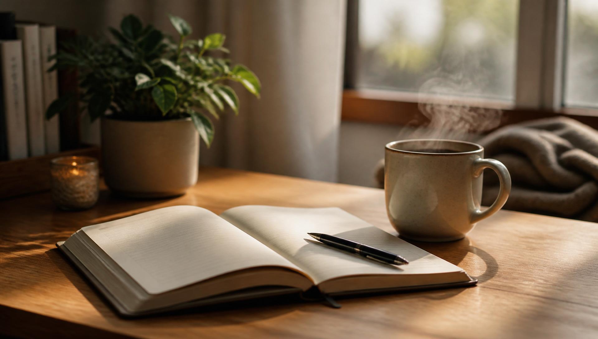 Open notebook, pen, and a steaming ceramic mug on a warm wooden desk
