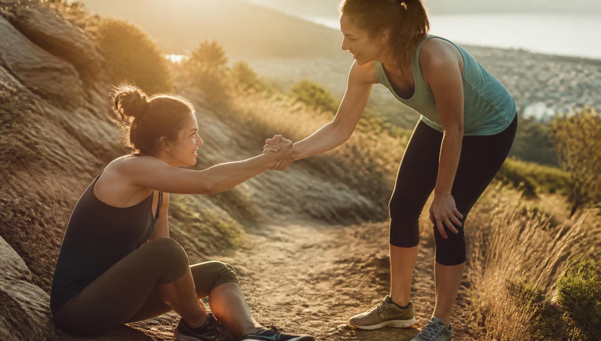 Two teammates helping each other on a sunlit trail at golden hour