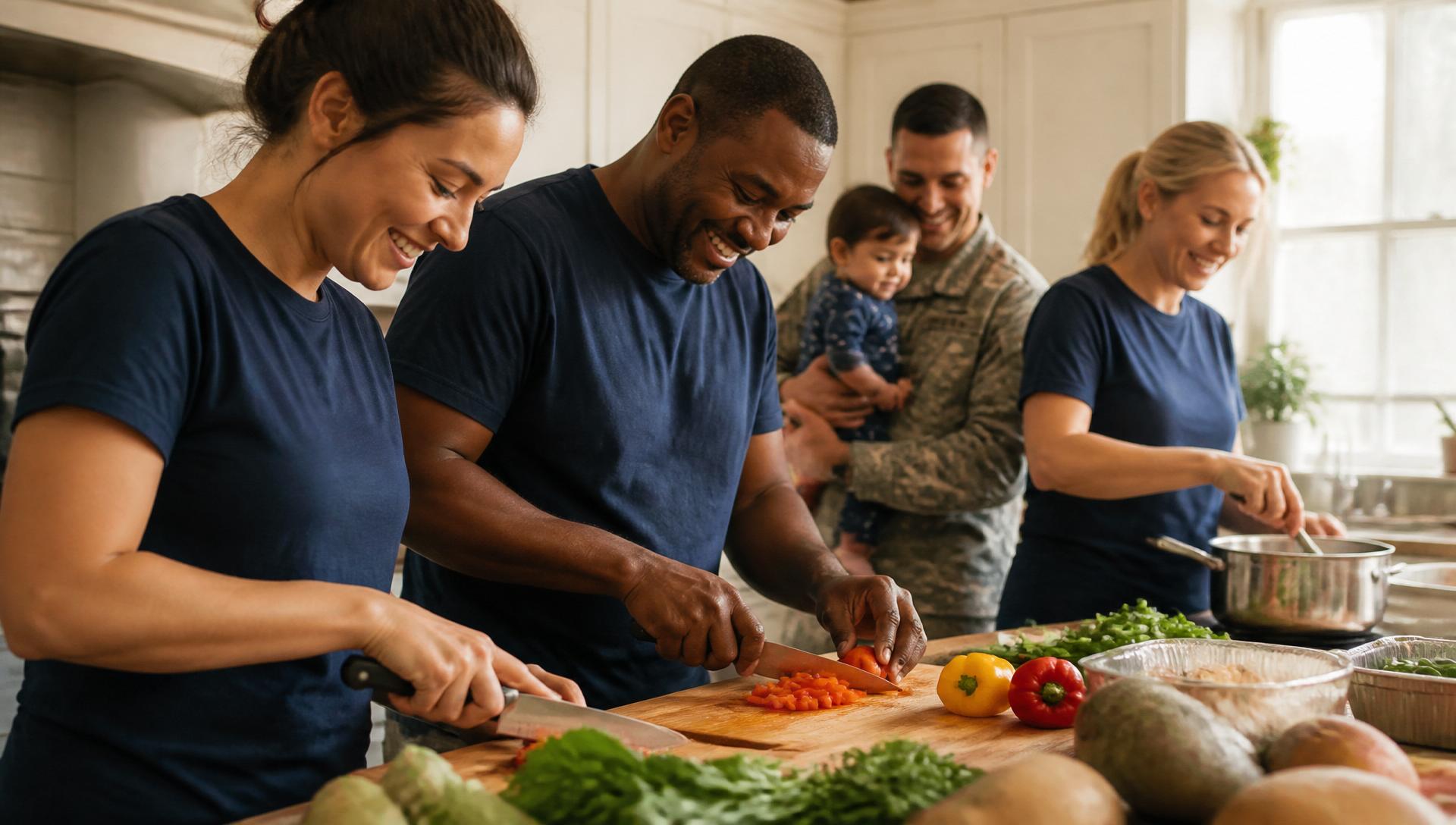 Volunteers preparing a family meal together in a bright home kitchen