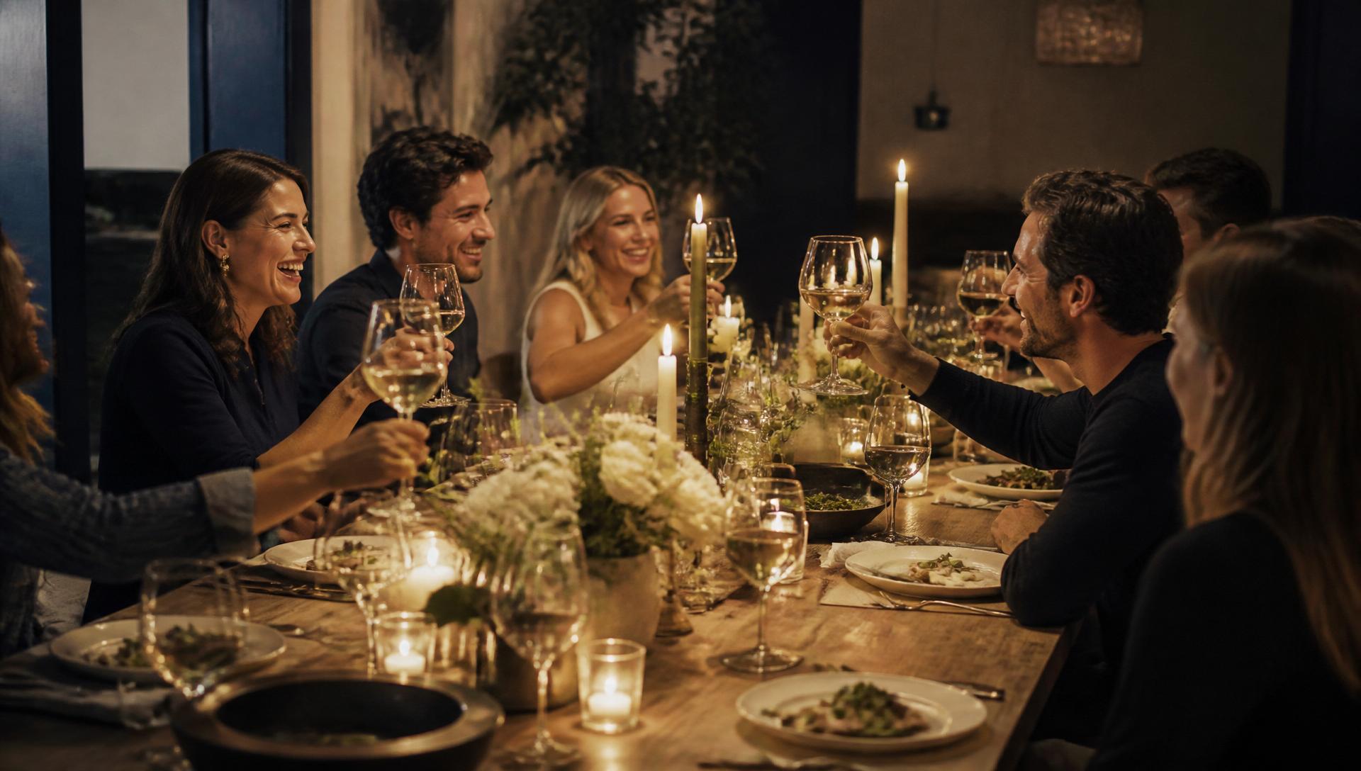 Friends raising glasses around a candlelit dinner table