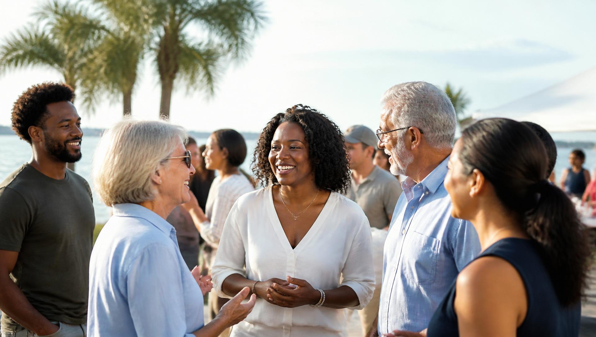 Community ambassadors gathered warmly at a coastal outdoor event